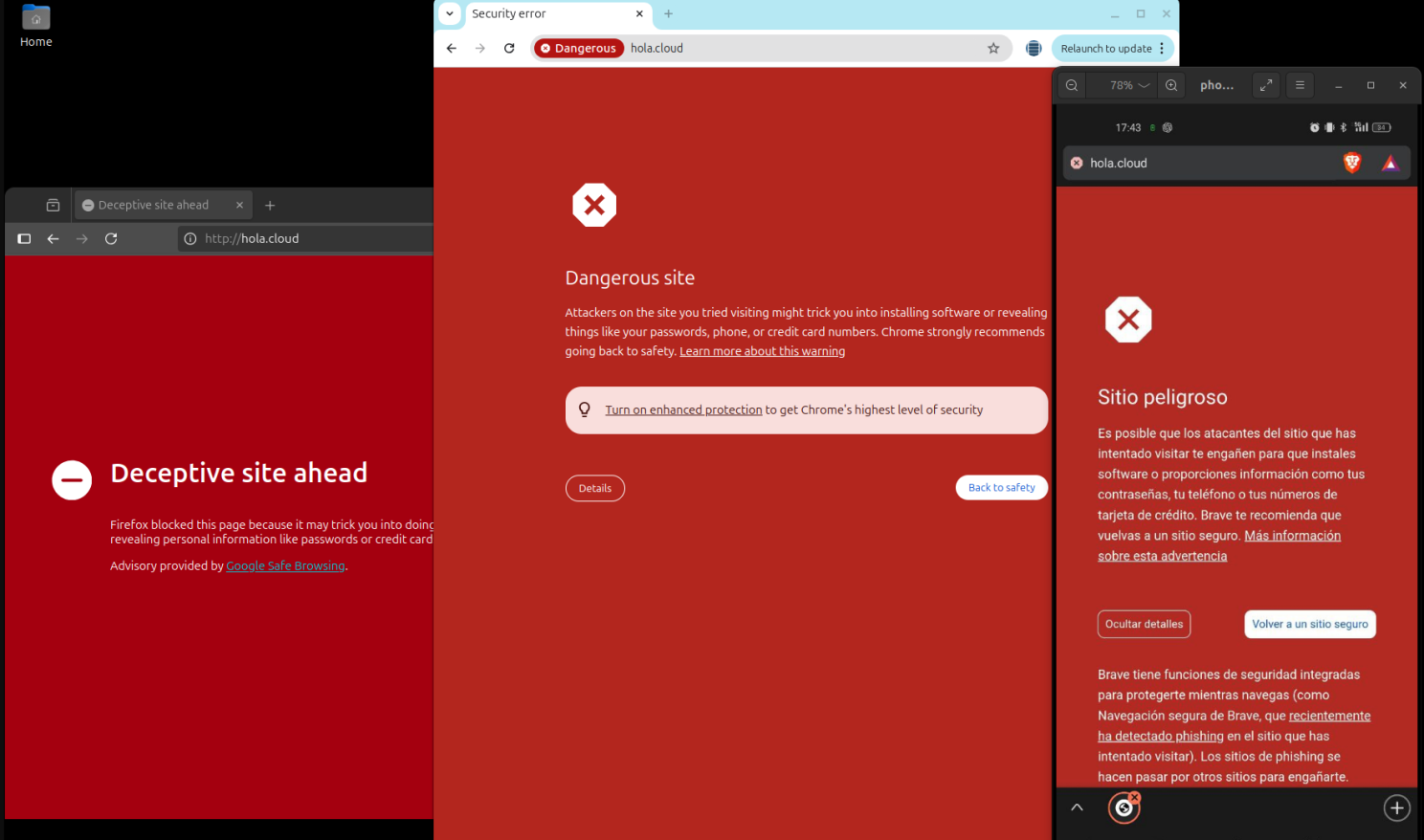 2. The browsers (Chrome, Brave, Firefox) are saying that the site is too dangerous for people