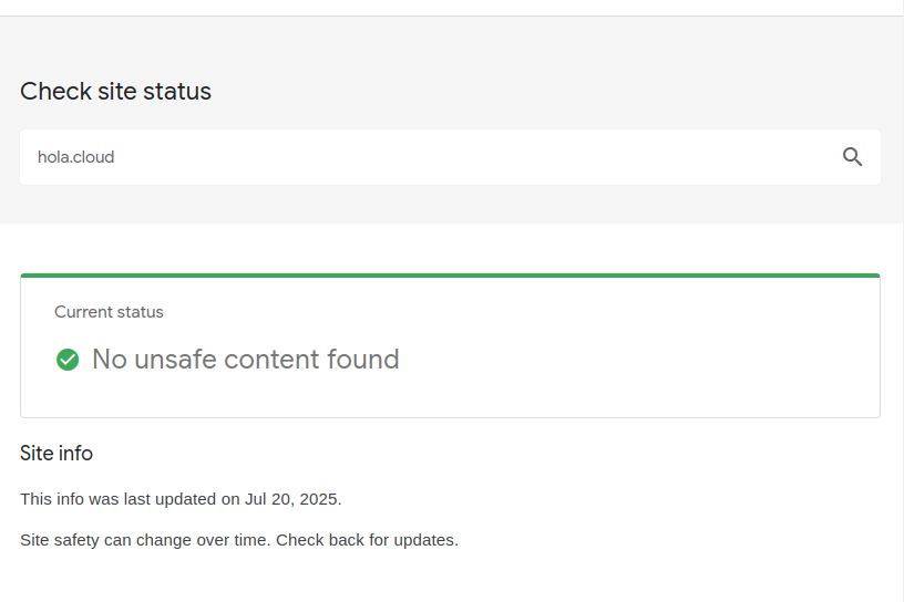 The transparency report: https://transparencyreport.google.com/safe-browsing/search?url=hola.cloud