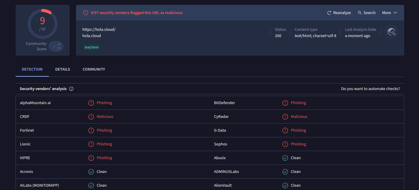 https://www.virustotal.com/gui/url/119bf4583ba49b60d4d5b3c96c058a7f794656d38c79b92f5be1142998f63c11?nocache=1